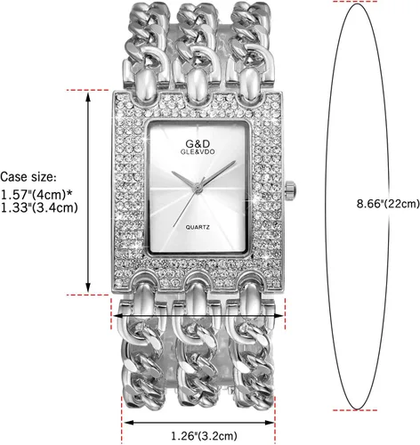 Vista 3 de Reloj de pulsera para mujer, cuadrado, redondo, plateado, con bisel de cristal, brazalete con bisel de cristal, estilo casual, a la moda