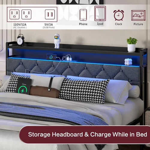 Vista 14 de SUNLEI Base de cama Queen con luz LED y 2 cajones, plataforma de metal con estación de carga y cabecera de almacenamiento de tela de lino, listones