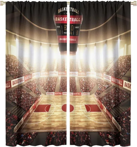 Vista 9 de Cortinas deportivas de baloncesto para niños, patrón de llama de bola 3D naranja, 42 pulgadas de ancho x 45 pulgadas de largo