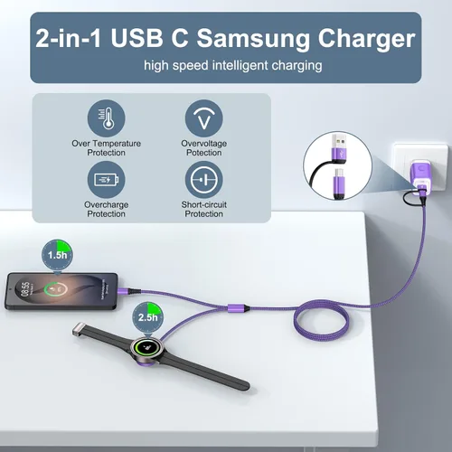 Vista 3 de Cable magnético de carga rápida Samsung para Galaxy Watch 8 Classic/8/7/Ultra/6/6/5 Pro/5/4/3/FE/2/2 en 1 USB A y USB C, cable de carga rápida de 6