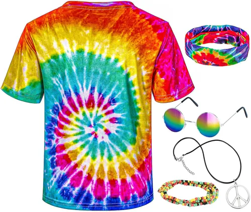 Vista 5 de Disfraz hippie para hombre Momen 60s 70s playera colorida 5 piezas accesorios para fiesta temática