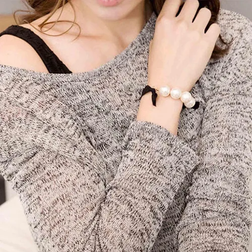 Vista 2 de Lazo para el cabello vintage con perlas, negro C, banda de cuerda para el cabello, nailon, 1 unidad, accesorios para el cabello para mujeres y niñas