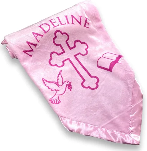Vista 7 de Manta de regalo para bebés niños o niñas para bautismo. Diseño personalizado religioso cruz y biblia, Rosado