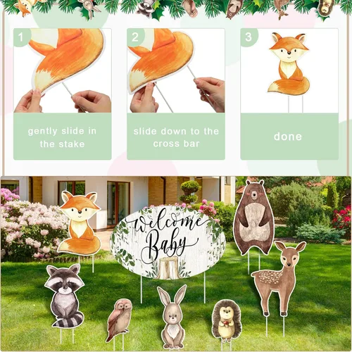 Vista 3 de Fumete 8 carteles de jardín de animales del bosque, para baby shower, género neutro, decoración de bienvenida de bebé con estacas, letreros