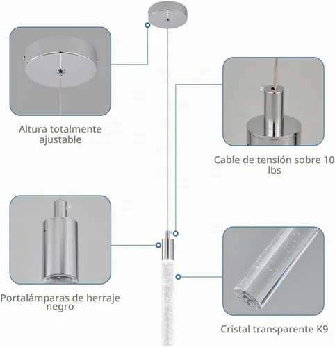 Vista 7 de Iluminación colgante moderna para isla de cocina, lámpara colgante regulable LED con acabado cromado, mini iluminación colgante de cristal para Cromo