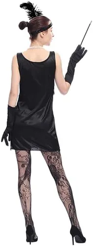 Vista 4 de Leadtex Disfraz de flapper con flecos, de los años 1920, para mujer, con diadema de plumas, collar de cuentas
