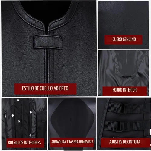 Vista 9 de Armor Biker - Chaleco ajustable de cuero para hombre, color negro