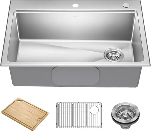 Vista 12 de KRAUS Fairlane KHT631-15 - Fregadero de cocina o bar, 15 pulgadas, montaje directo/superior, cuenco individual, de acero inoxidable de calibre 18