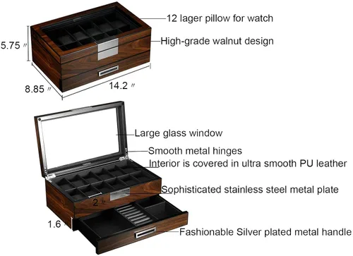 Vista 5 de Lifomenz Co Caja de reloj de madera para hombre organizador de joyas con cajón de valet 12 ranuras para reloj organizador de accesorios para hombre
