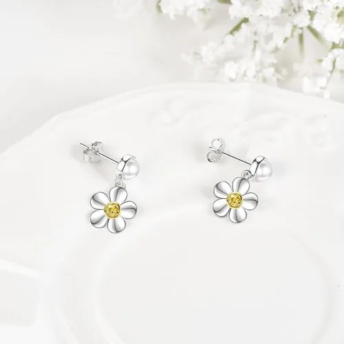 Vista 4 de Aretes de plata de ley con diseño de hoja de palma, margarita y ardilla, bonitos aretes colgantes de animales y flores, regalos de joyería