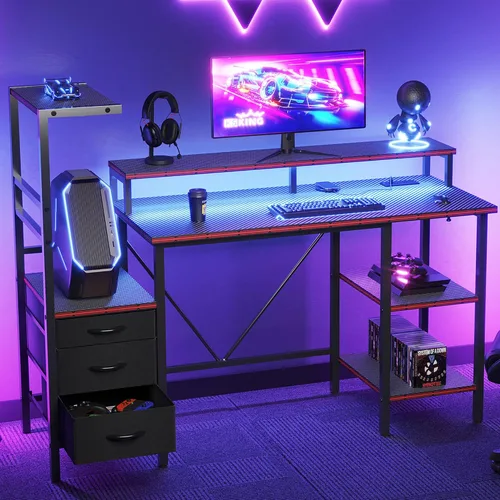 Vista 33 de Mericonia Escritorio para computadora en forma de L con tomas de corriente, escritorio para juegos reversible con estantes de almacenamiento y Marrón