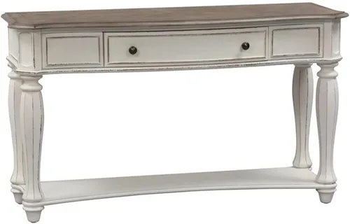 Vista 4 de Pemberly Row - Mesa de sofá de madera tradicional, 52 pulgadas de ancho, marco de madera de caucho, acabado blanco antiguo con parte superior marrón