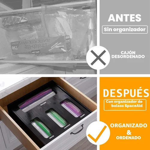 Vista 2 de SpaceAid Organizador de bolsas para cajón de cocina, de bambú, compatible con galón, cuarto de galón, sándwiches y aperitivos, para bolsas de 4