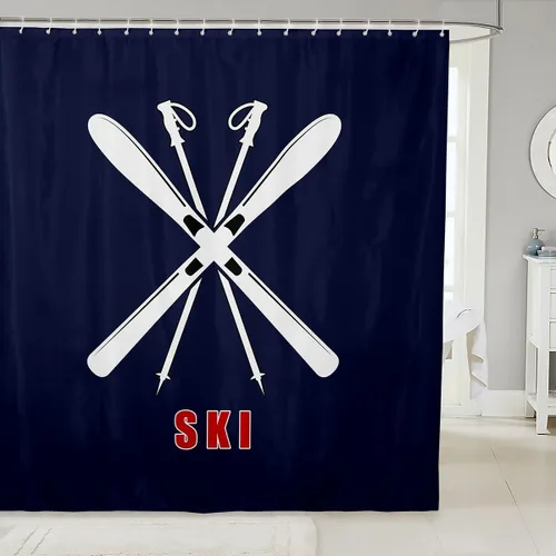 Vista 7 de Cortina de ducha de esquí negro con teñido anudado gris para niños, niñas, adultos, decoración de habitación de esquí, deportes, juegos, cortina
