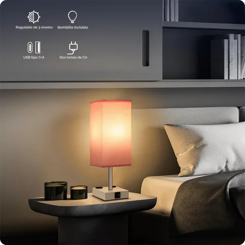 Vista 4 de Lámpara de mesita de noche con puertos USB - Lámpara de mesa con control táctil para dormitorio con puertos de carga USB C+A y tomas de corriente