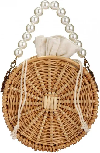 Vista 2 de Bolso de playa para mujer, bolso de mimbre rectangular tejido a mano, bolso de mimbre con perlas, bolso retro de paja de verano