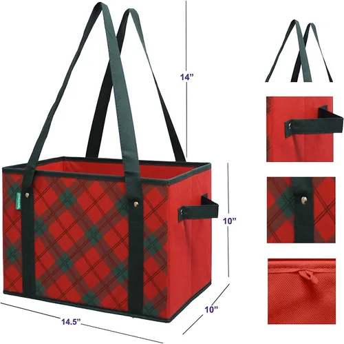 Vista 5 de Earthwise Caja de compras plegable reutilizable de lujo, juego de bolsas de comestibles con parte inferior reforzada, diseño navideño a cuadros