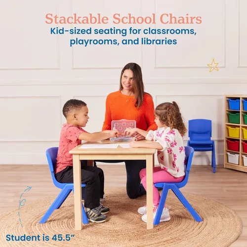 Vista 4 de ECR4Kids Silla Escolar Apilable de 12 Pulgadas de Plástico, Muebles para Aula, Azul, Paquete de 4