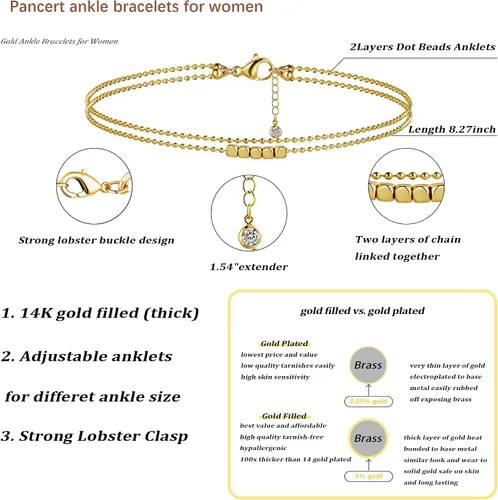 Vista 5 de Pancert Tobillera delicada de oro para mujer, chapada en oro de 18 quilates, con cuentas satélites, tobilleras de corazón con diamantes de imitación