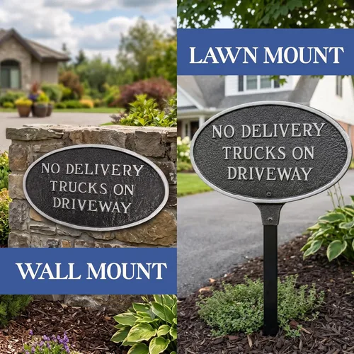 Vista 2 de Montague Metal Products - Placa ovalada con texto en inglés "No Delivery Trucks on Driveway" - Placa de visualización de pared o césped - Señal