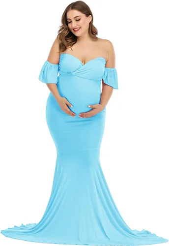 Vista 2 de ZIUMUDY Vestido de maternidad con hombros descubiertos y elegante para sesión de fotos, vestido de sirena envolvente para baby shower
