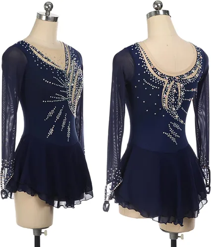 Vista 6 de Vestido de patinaje artístico para mujer mangas con los dedos disfraz de competencia baile gimnasia leotardo