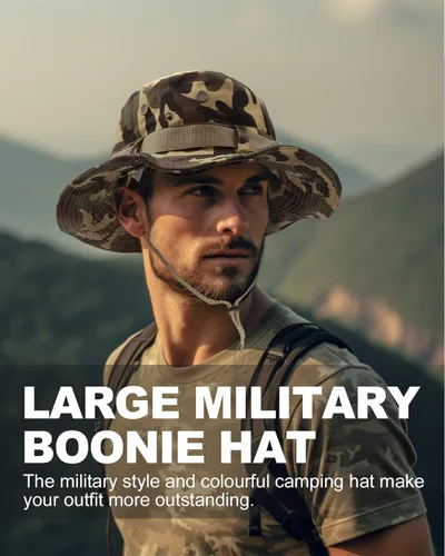 Vista 6 de Zylioo Sombreros Boonie de gran tamaño XXL, sombrero táctico militar de safari para cabezas grandes, sombreros de caza ligeros con correa