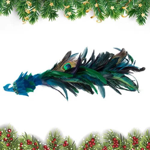Vista 2 de Pájaros artificiales de pavo real con clip, decoraciones de árbol de Navidad de cola larga con plumas naturales, pájaros de espuma azul para Azul B