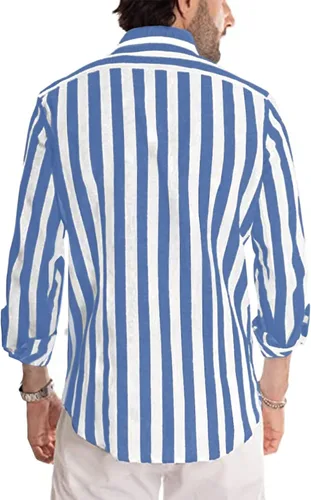 Vista 2 de Gnvviwl Camisas casuales de manga larga con botones para hombre, camisa de vestir de algodón a rayas con bolsillo