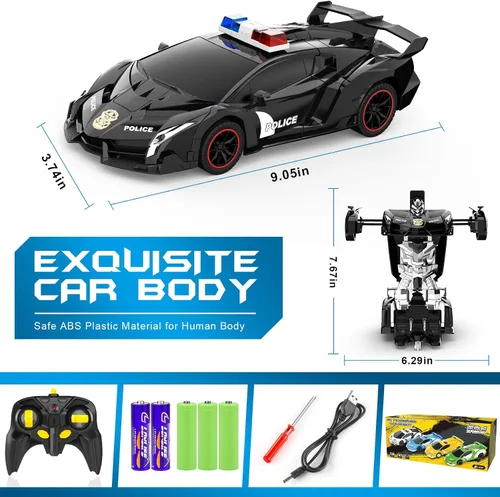 Vista 8 de FDJ - Auto a control remoto que se transforma en robot, transformación con un botón a robot con luz intermitente, juguete de policía para niños