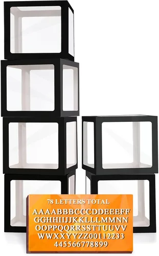 Vista 17 de Ledido - Cajas de globos transparentes con 60 letras y números para nombre personalizado 4 PCS Black Clear Baby Balloon Boxes Blocks Backdrop for
