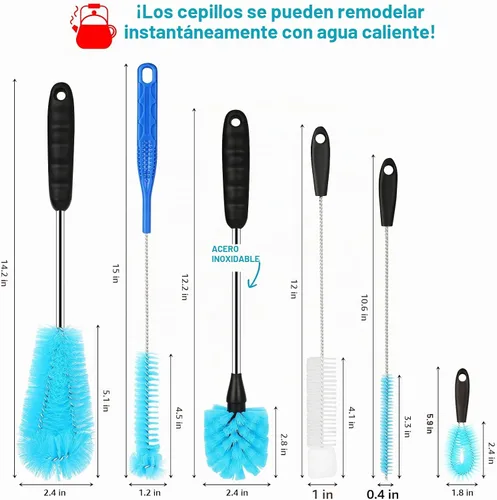 Vista 6 de Juego de 6 cepillos limpiadores de botellas, cepillo limpiador de botellas de agua de acero inoxidable de mango largo para lavar botellas