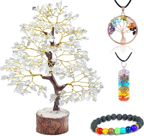 Vista 13 de Árbol de la vida de los siete chakras con cristales con pulsera y 2 colgantes – Decoración de bonsái Feng Shui con cristales curativos, regalos