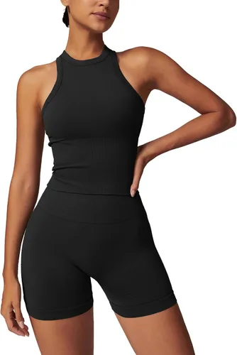 Vista 25 de Conjuntos de entrenamiento para mujer, 2 piezas, sin costuras, acanalada, sin mangas, brasier deportivo, cintura alta, pantalones cortos