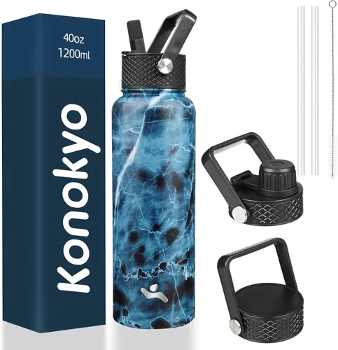 Vista 44 de Konokyo - Botella de agua aislada de 18 onzas, botellas deportivas de acero inoxidable con 3 tapas, verde militar