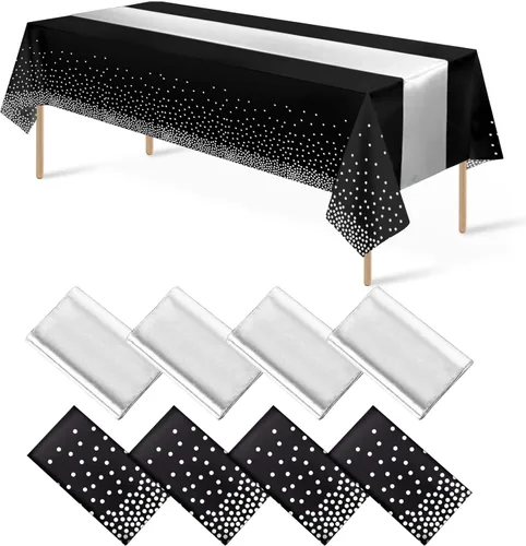 Vista 21 de 8 paquetes de manteles de plástico desechables y juego de camino de mesa de satén negro con dorado, mantel de satén dorado para graduación, boda