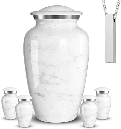 Vista 8 de Juego de 6 urnas de cremación grabadas personalizadas para cenizas humanas, incluye 1 urna grande con 4 recuerdos pequeños y 1 collar de plata