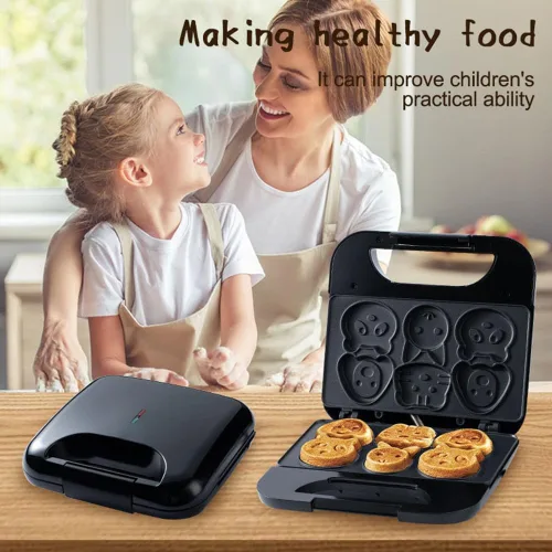 Vista 4 de Animal Mini WaffleMaker 6 Tortitas en forma de animal Máquina de desayuno antiadherente Waffler Iron Hogar para niños Adultos Regalo divertido US