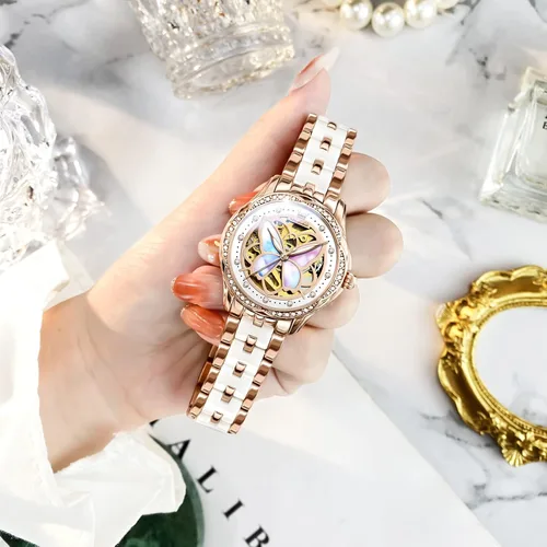 Vista 4 de OLEVS Reloj de moda para mujer, relojes automáticos para mujer, de cuerda automática, de cerámica, acero inoxidable, impermeable, luminoso, diamantes