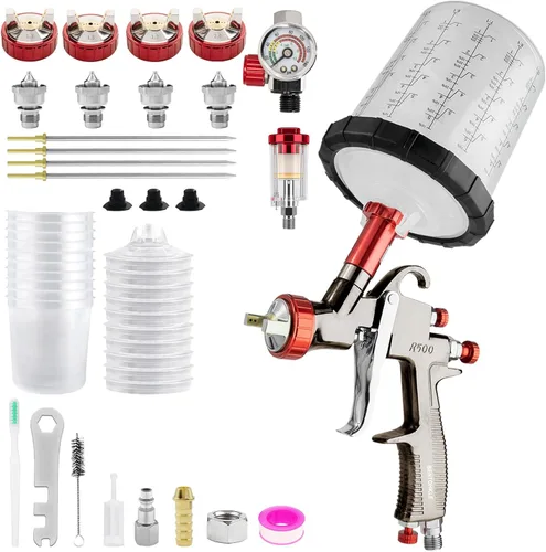 Vista 9 de R500 LVLP Pistola de pulverización de aire Premium Kit con boquilla de 1.3/1.5/0.067 in y regulador de aire, rociador de pistola de pintura