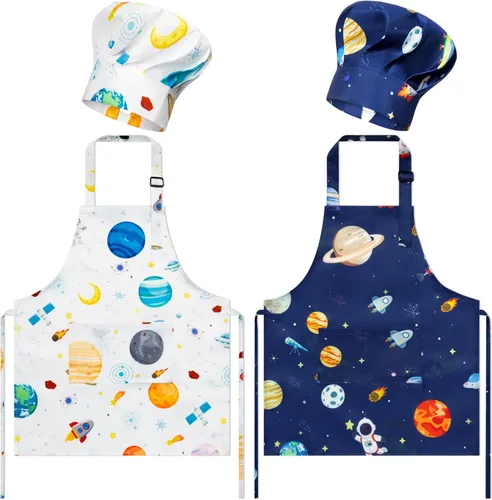 Vista 7 de Juego de 4 delantales y sombrero de chef para niños, regalo para niñas y niños, con palabras del alfabeto de animales, delantales ajustables