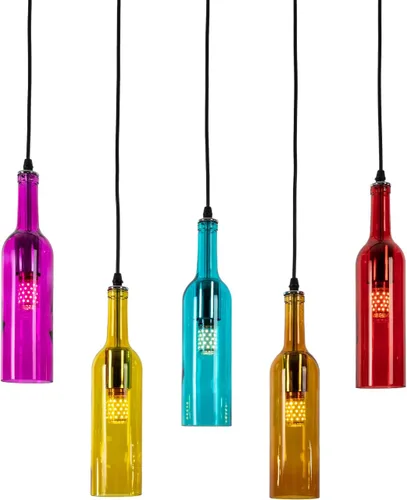 Vista 4 de Lámpara de techo industrial retro creativa con 5 luces para botella de vidrio, iluminación colgante de botella de vino de colores para cafetería