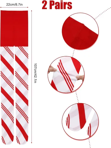 Vista 2 de SATINIOR 2 pares de medias de Navidad a rayas para mujer, de longitud completa, de elastano, para disfraz de caramelo, medias de rayas rojas