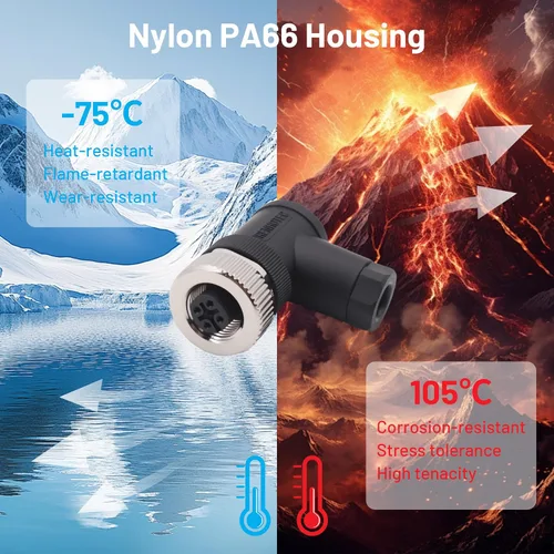 Vista 4 de Elecbee M12 4-Pin A-Coded Hembra Conector de la prenda impermeable IP67 de la terminación de la junta de tornillo de ángulo recto no blindado