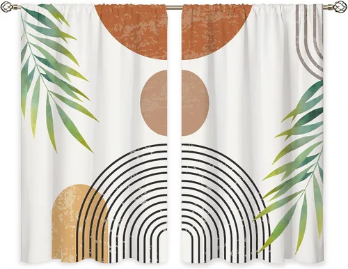 Vista 6 de Cortinas bohemias de cocina pequeñas de mediados de siglo, tratamiento abstracto moderno para ventana, bolsillo para cortinero, cortinas cortas