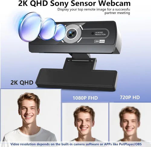 Vista 2 de Cámara web 2K para PC - Cámara de computadora 2K Ultra HD con enfoque automático PDAF, micrófono con cancelación de ruido AI, Plug & Play USB, FOV