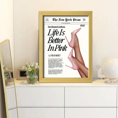 Vista 5 de Arte de pared enmarcado en lienzo con impresión de póster rosa bebé para estética de habitación femenina, arte de pared femenino moderno, obra