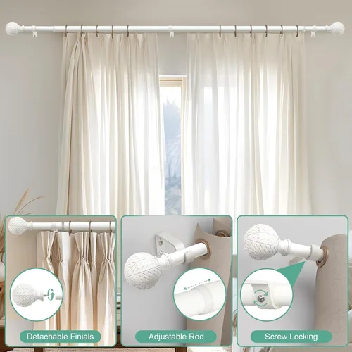 Vista 9 de QDWIS Barras de cortina de bola blancas antiguas para ventanas de 28 a 48 pulgadas, barra de cortina ajustable resistente de 1 pulgada, juego