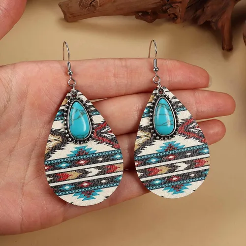 Vista 7 de Jstyle 9 pares de aretes occidentales para mujer, aretes vaqueros, bohemios, vintage, girasol, bohemio, turquesa, con estampado de vaca, cuero