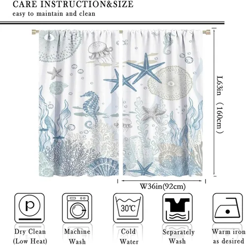 Vista 76 de Cortinas de decoración de playa con océano azul, peces náuticos costeros playeros de verano, conchas marinas, temática infantil, dormitorio, sala